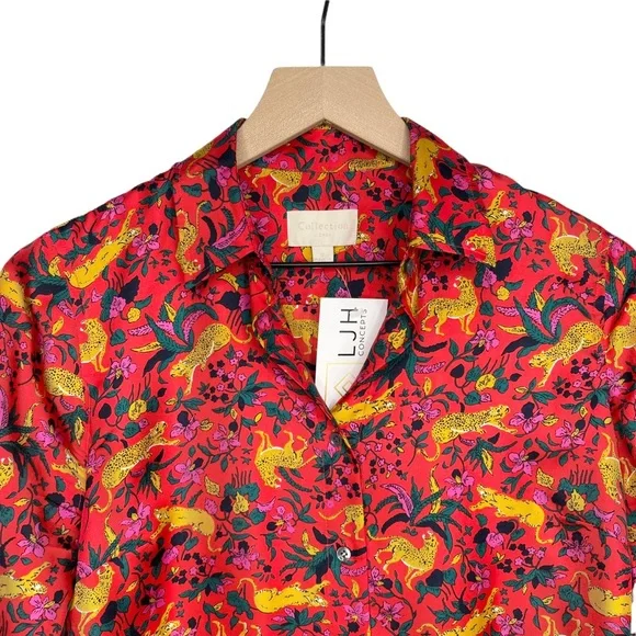 ♦️SOLD♦️J. Crew Collection Silk Twill Button Up in Jungle Cat Floral Print - Picture 4 of 15
